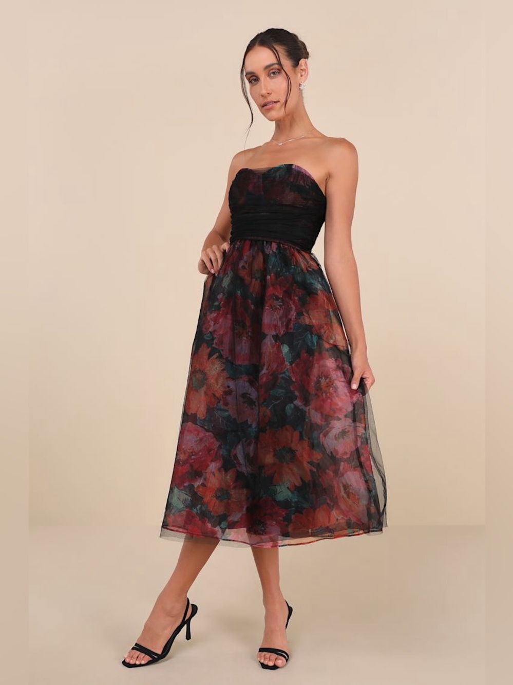 LULUS Splendidly Yours Black Floral Organza Mesh Strapless Midi Dress L Party